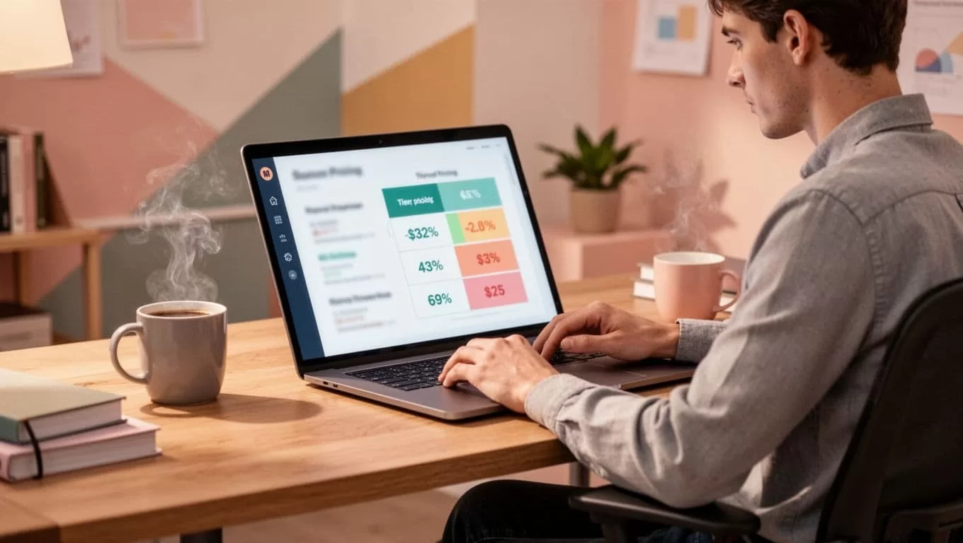 Creator at desk reviews tiered pricing charts on angled laptop screen in cozy office with coffee mug.