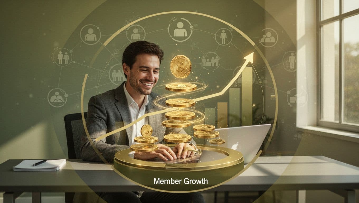Coins cycle from members to consultant via subscription tiers on dashboard; happy consultant reviews rising growth charts.