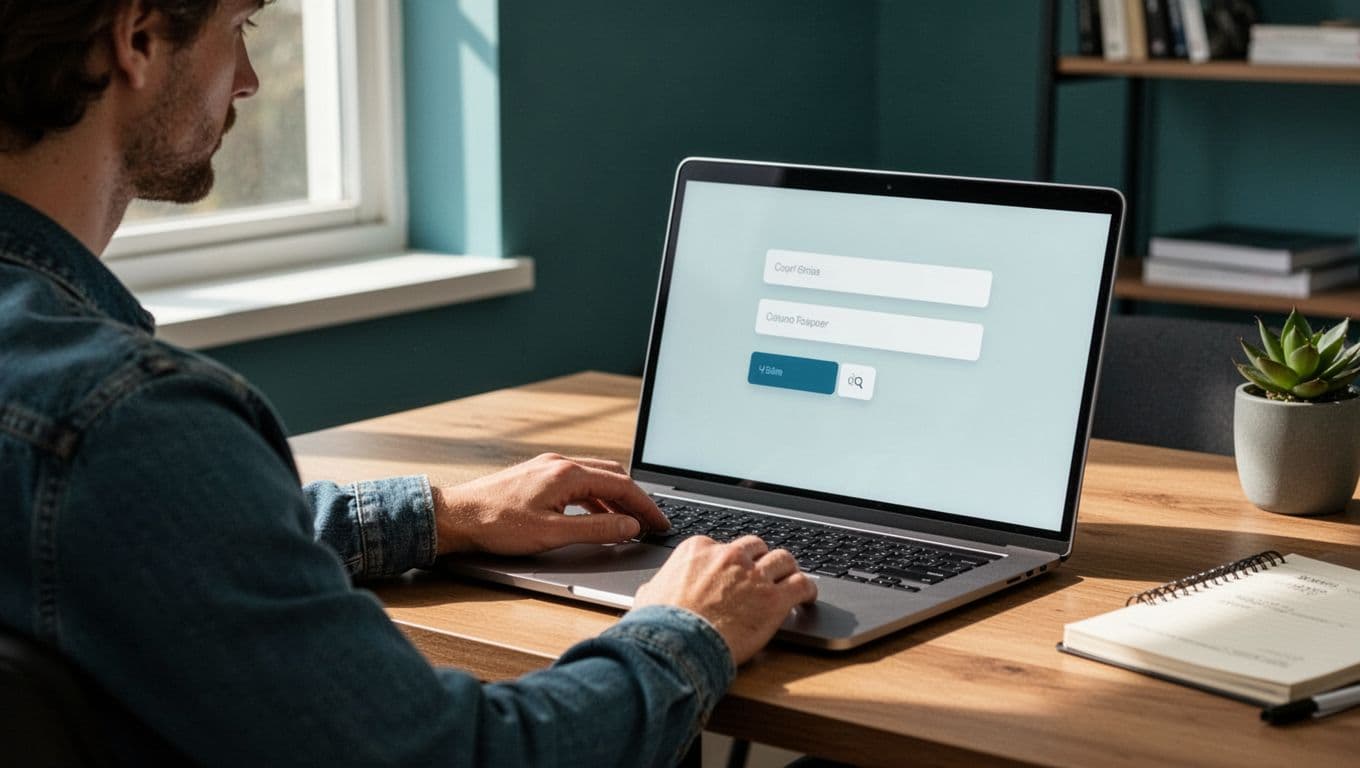 Person's hand rests near laptop keyboard showing embedded signup form in Skool community feed, cozy office with natural light.