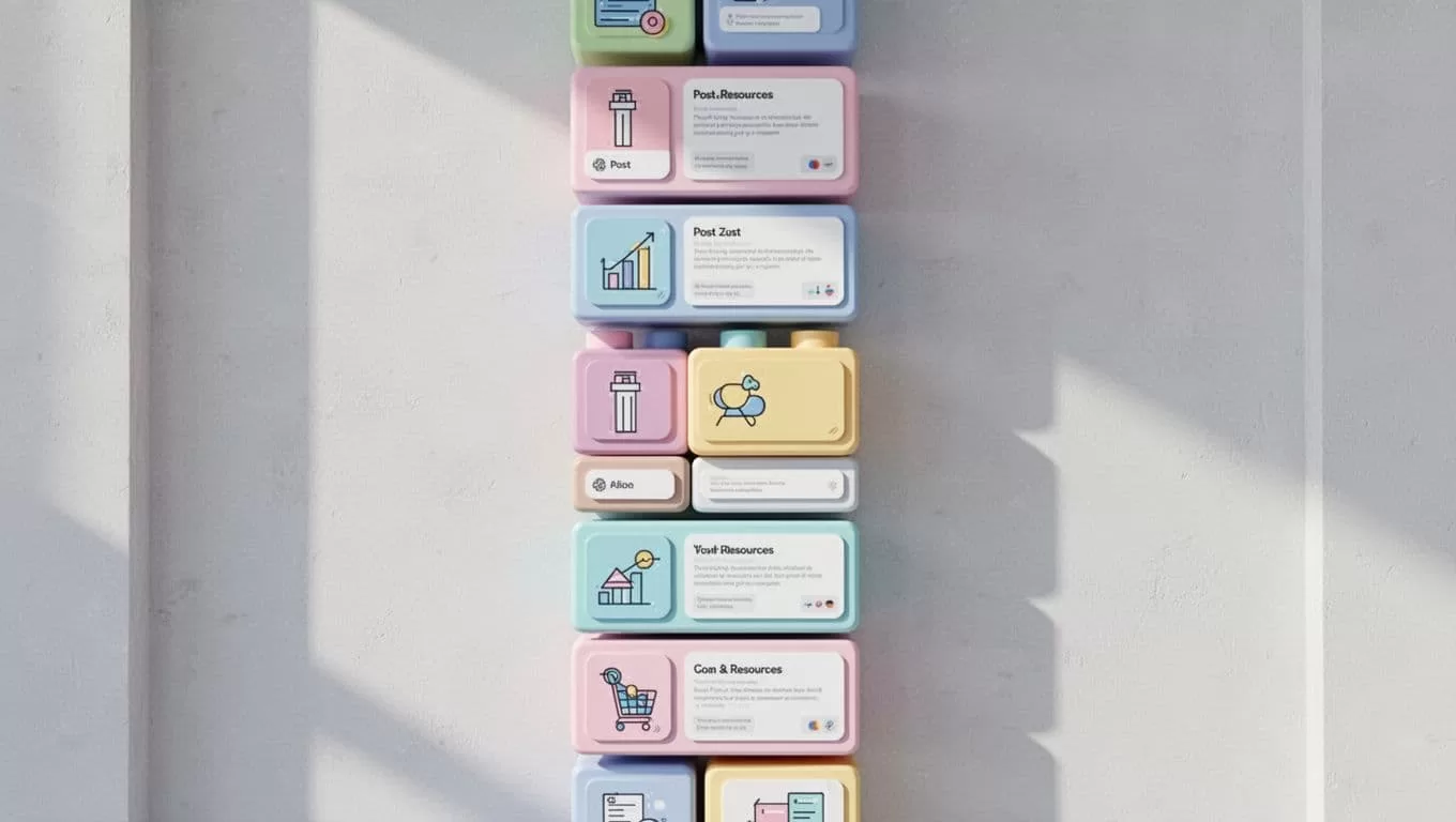 Vertically stacked modules like building blocks on a digital wall, featuring simple icons for posts and resources.