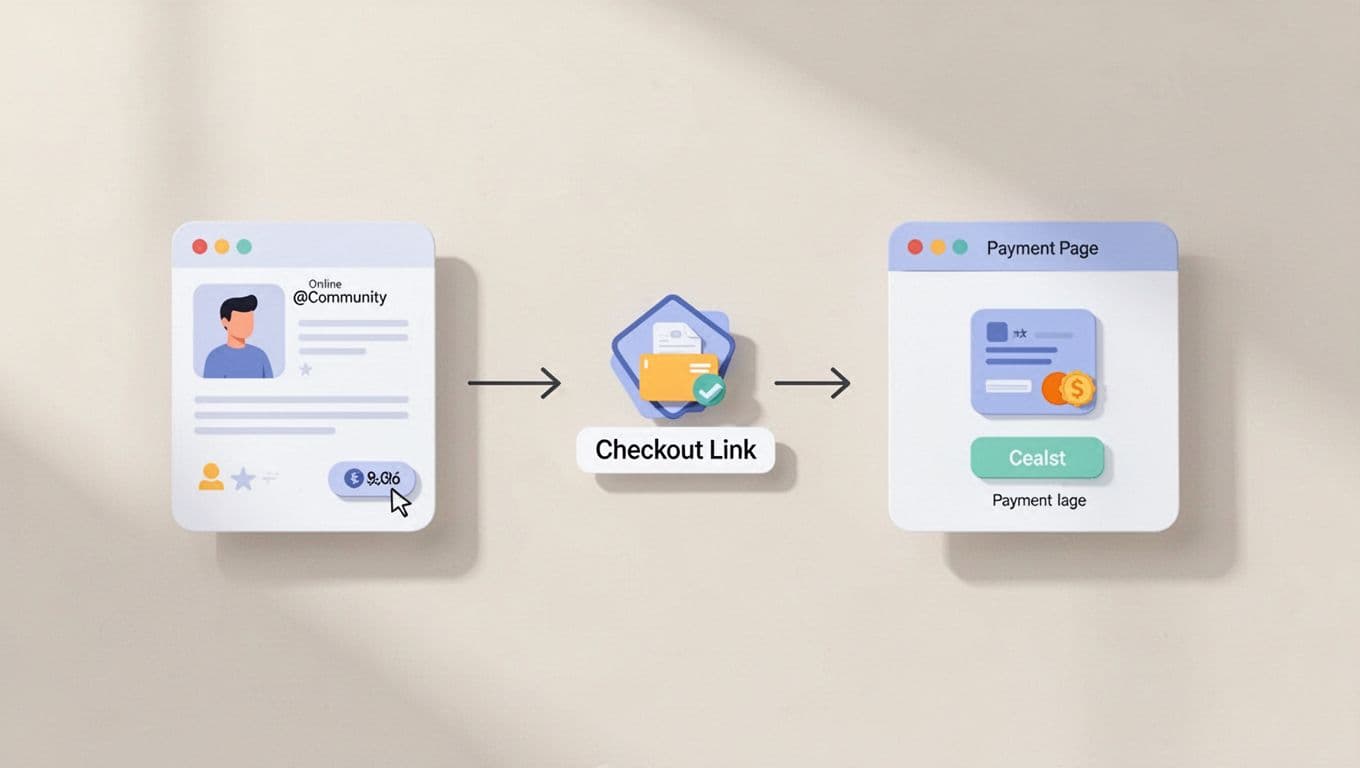Flowchart shows Skool community post icon linking to Stripe checkout page with simple icons.