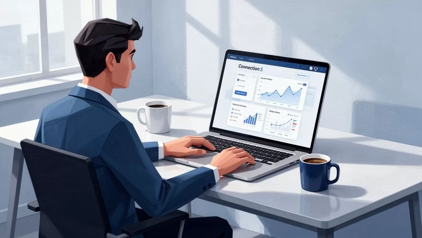 Person at modern desk with laptop open to Skool dashboard showing Stripe connection button, coffee mug nearby.