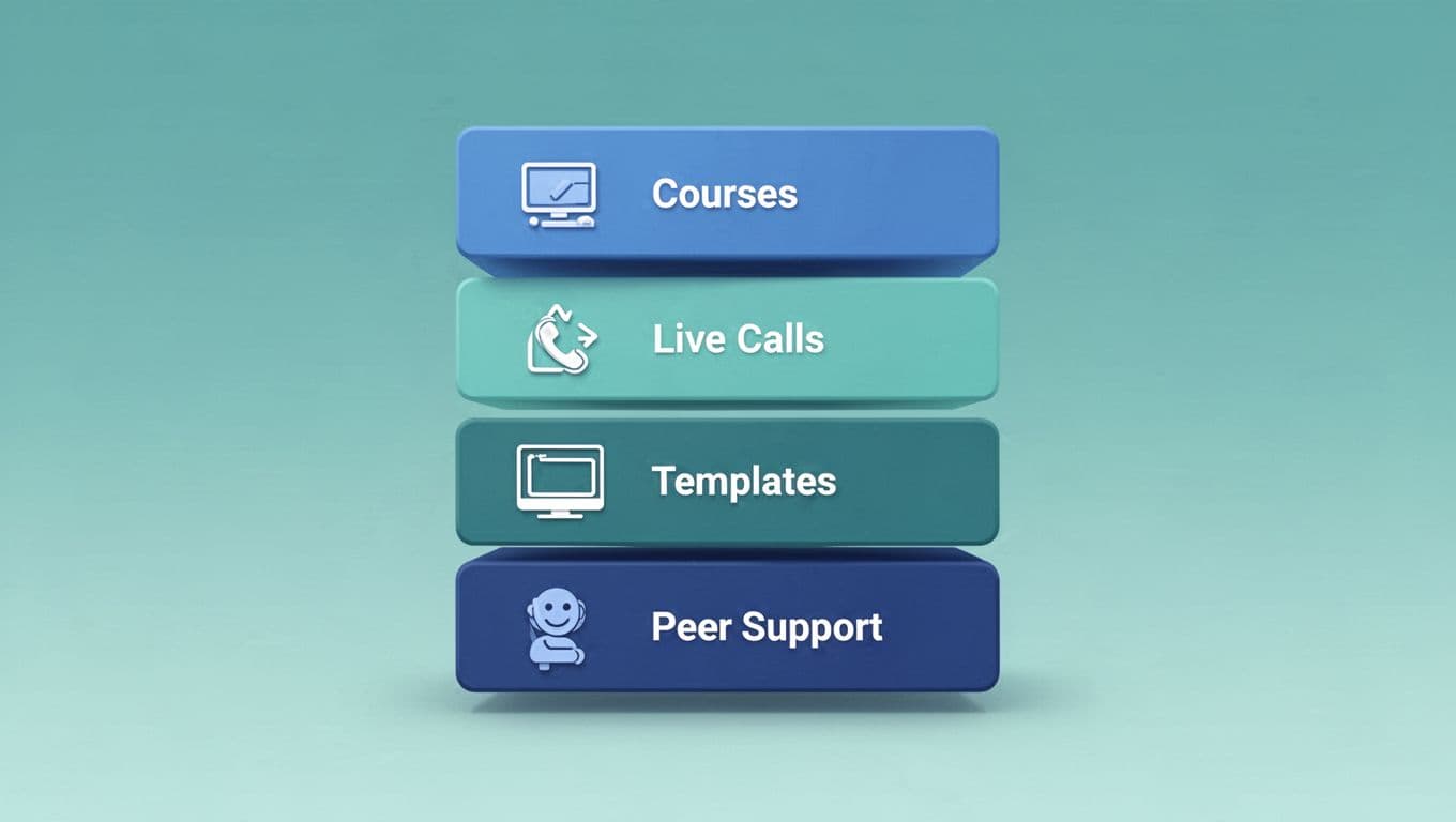 Three vertically stacked blocks with icons for courses, live calls, templates, peer support, and premium access in blue-green tones.