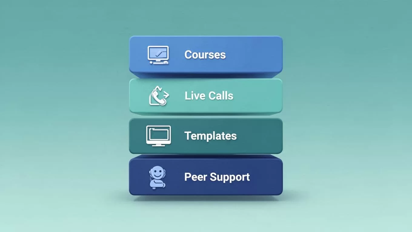 Three vertically stacked blocks with icons for courses, live calls, templates, peer support, and premium access in blue-green tones.