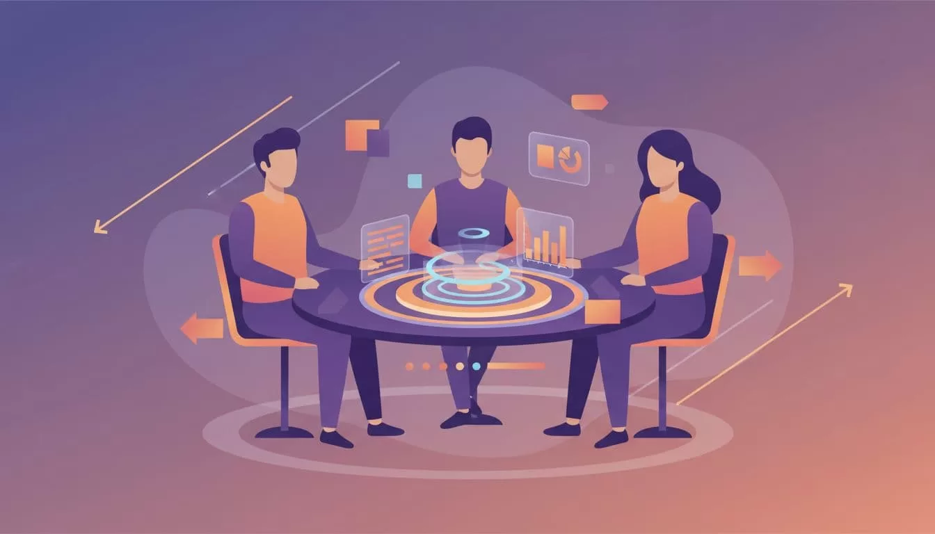 Three consultants discuss strategies around a digital table with charts and notes in a virtual Skool meeting.