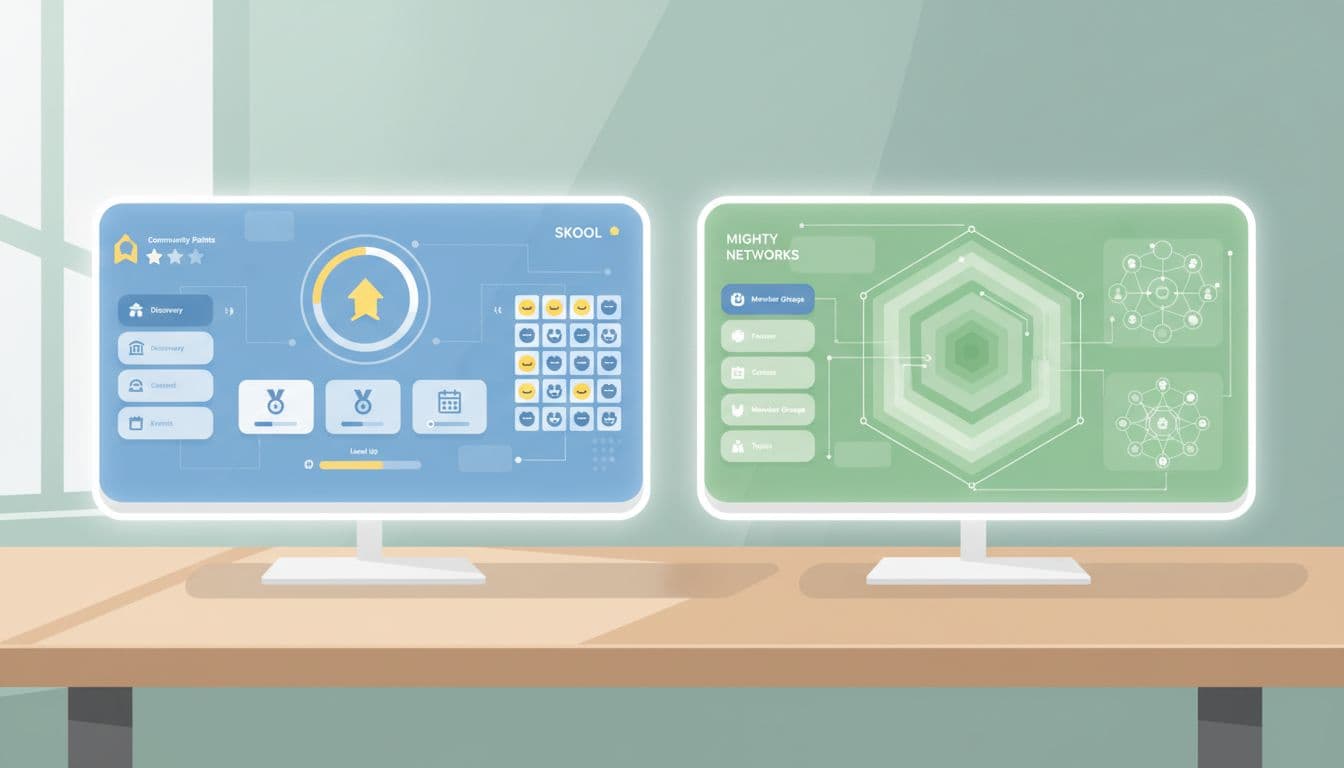 Two stylized digital dashboards side-by-side on a desk, one simple with gamification elements, the other with structural depth and spaces.