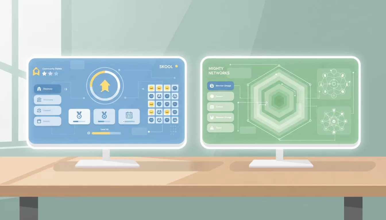 Two stylized digital dashboards side-by-side on a desk, one simple with gamification elements, the other with structural depth and spaces.