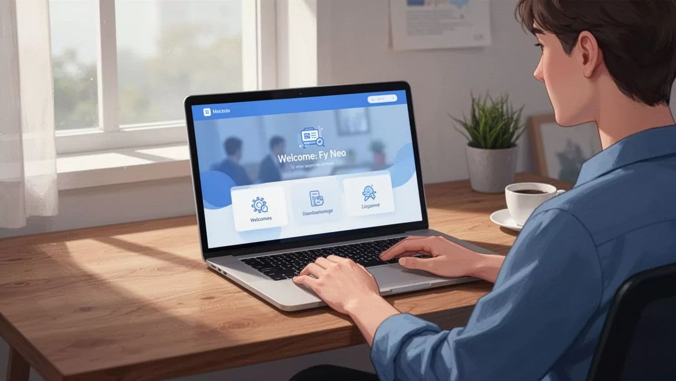 Person sits relaxed at wooden desk in home office viewing laptop with blurred Skool welcome dashboard, pinned post, start-here module, and calendar.
