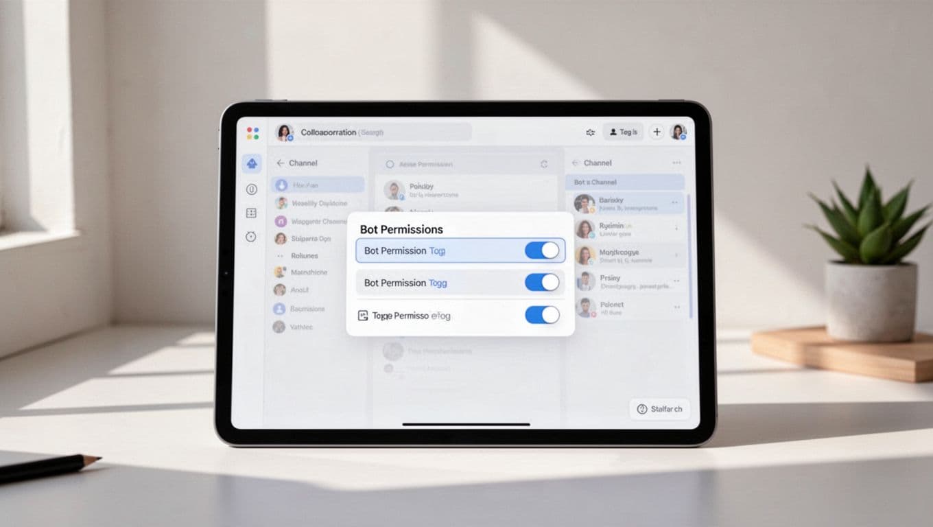 Clean illustration of Slack app creation interface centered on setup form with bot permissions selected and workspace channel in background.