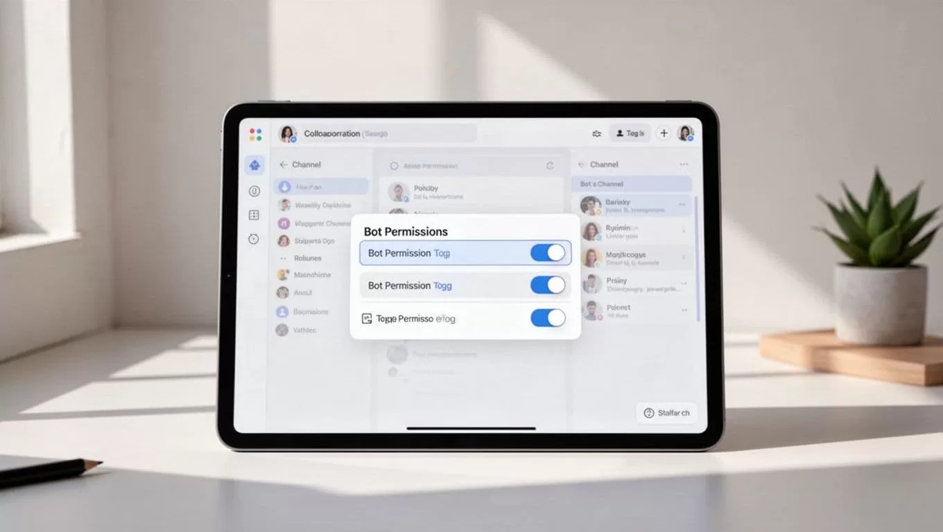 Clean illustration of Slack app creation interface centered on setup form with bot permissions selected and workspace channel in background.