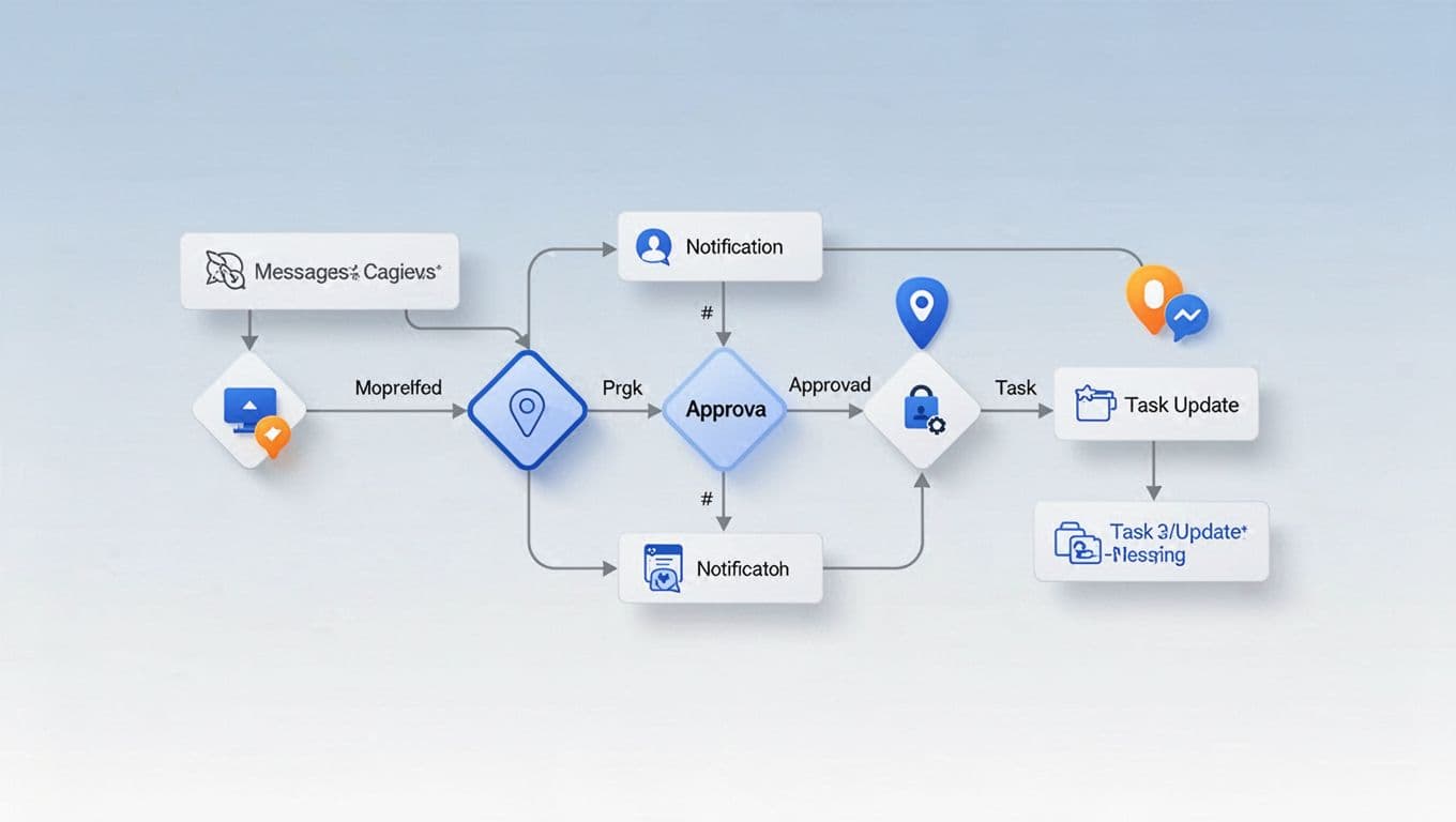 Flowchart of Slack automation with icons for notifications, task updates, and approvals connected by arrows.