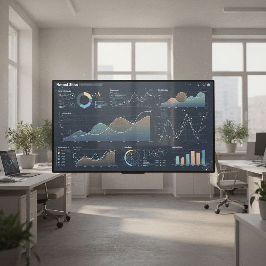 A minimalist digital dashboard displays analytical graphs and data trends within a bright office space.