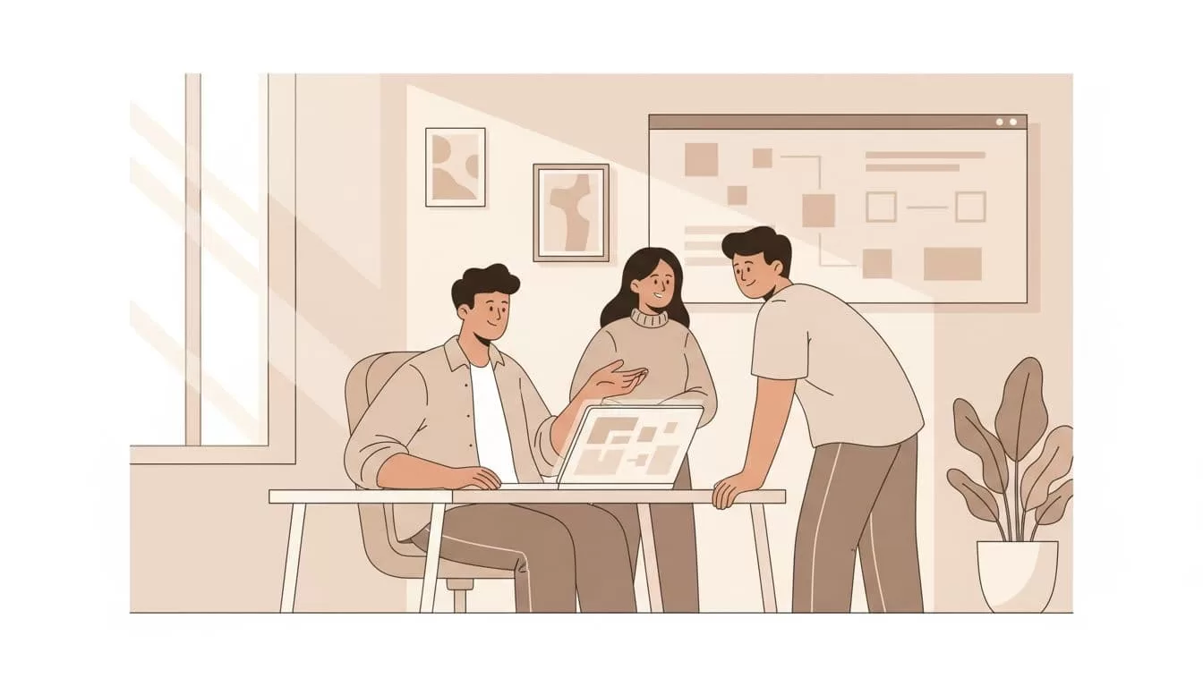 Admin on central laptop assigns roles as two team members collaborate on shared screens in relaxed modern office.