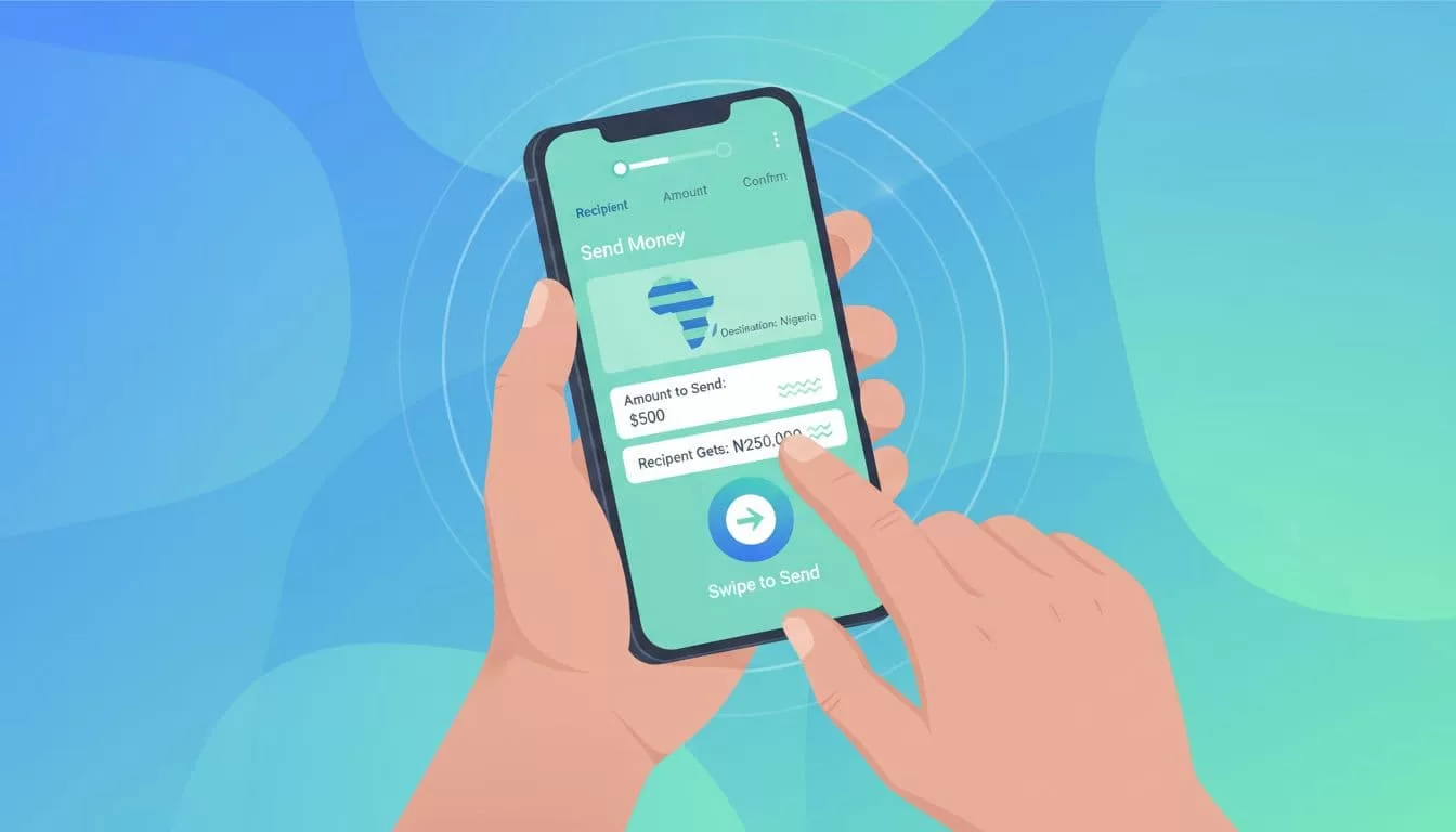Illustration of one person holding smartphone with money transfer screen showing Nigeria destination, viewed from side angle.