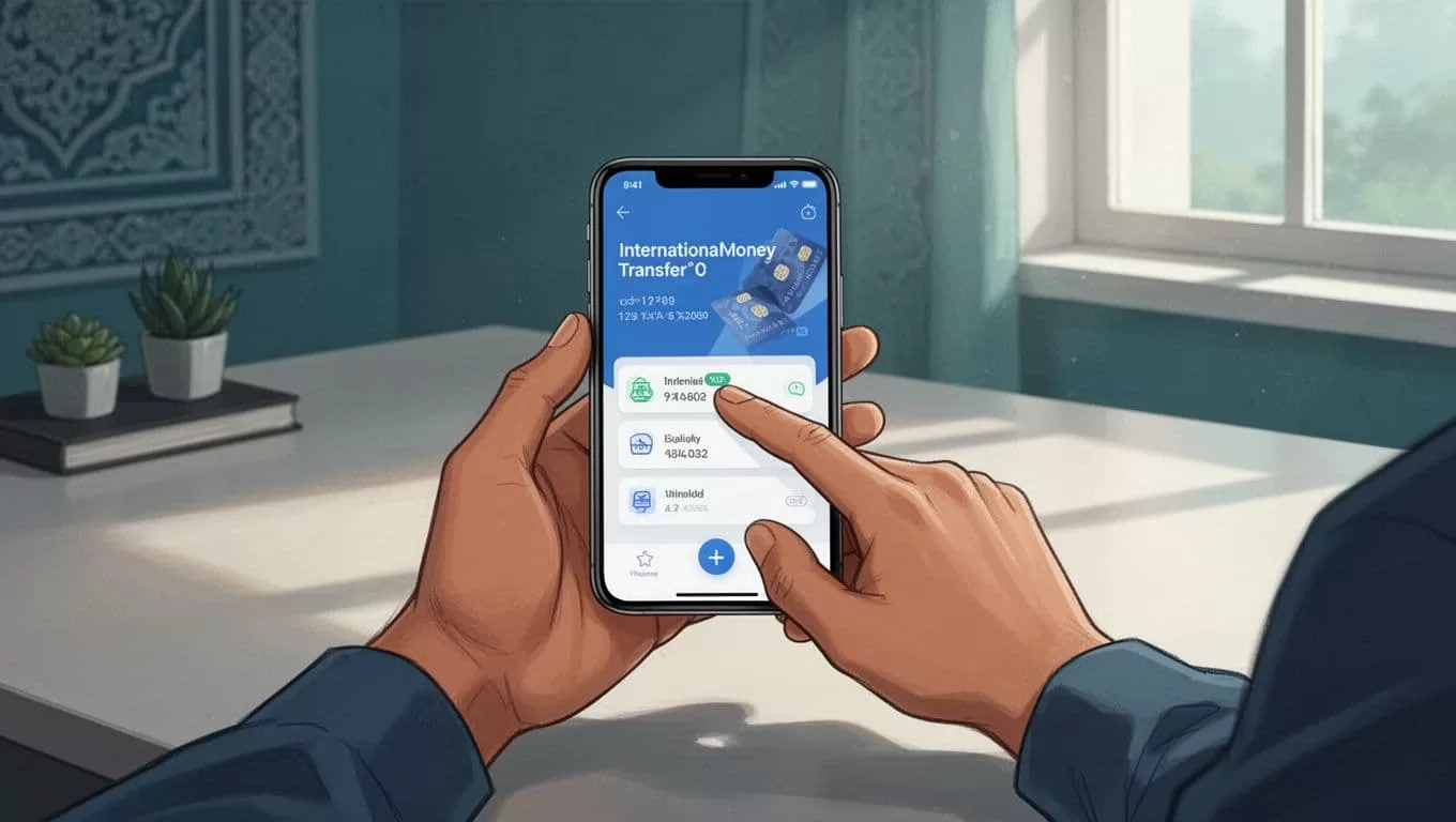 Hands hold smartphone showing simple transfer screen with subtle Pakistan flag on clean desk.