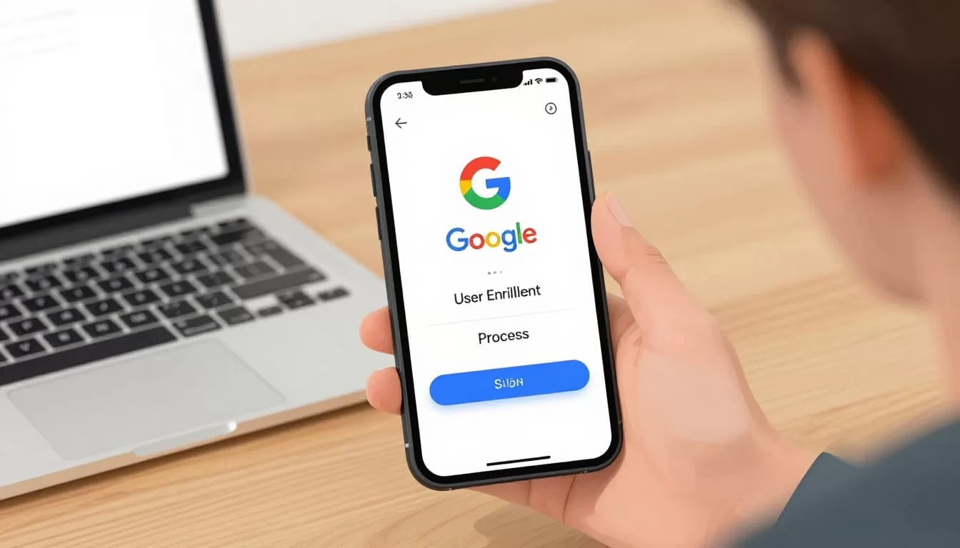 Smartphone on wooden table displays Google prompt notification next to laptop under soft lighting.