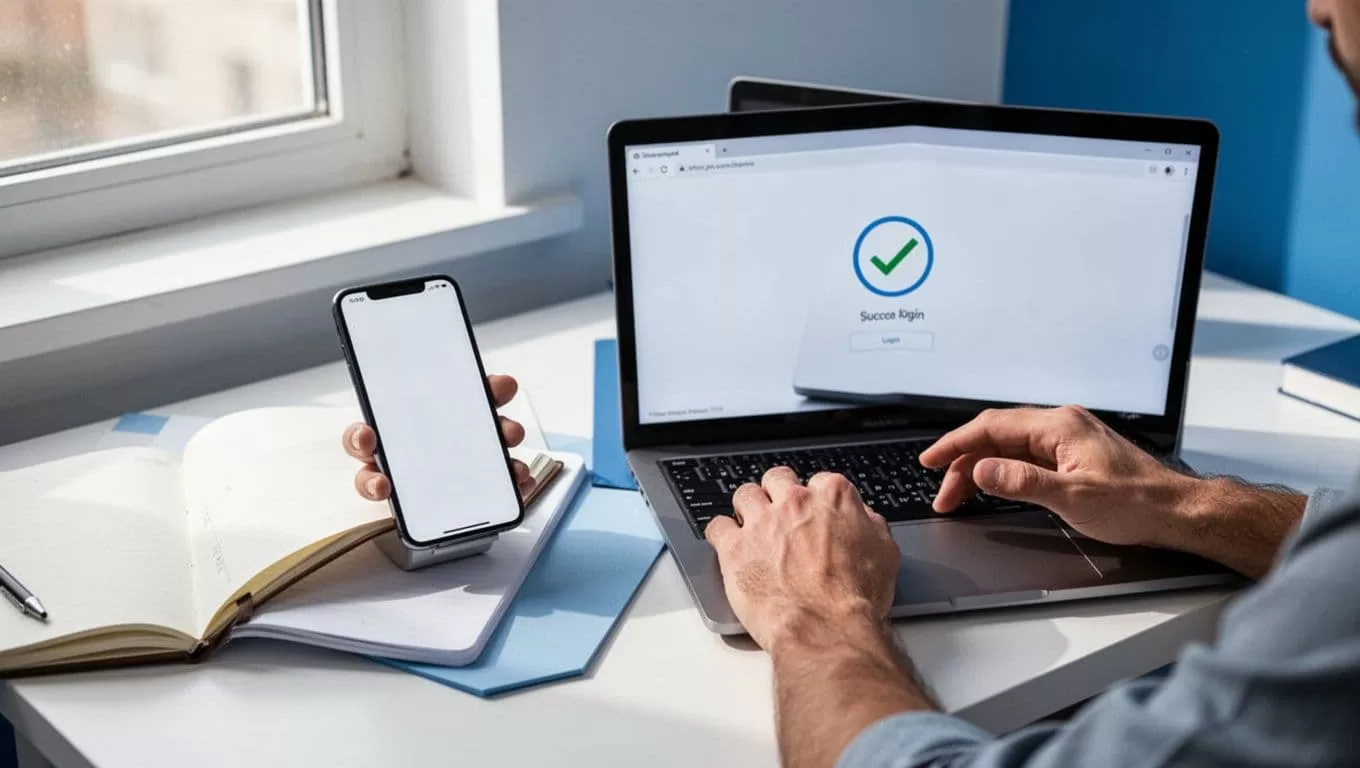 Smartphone and laptop side by side show login success checkmark in cozy workspace with hands on devices.