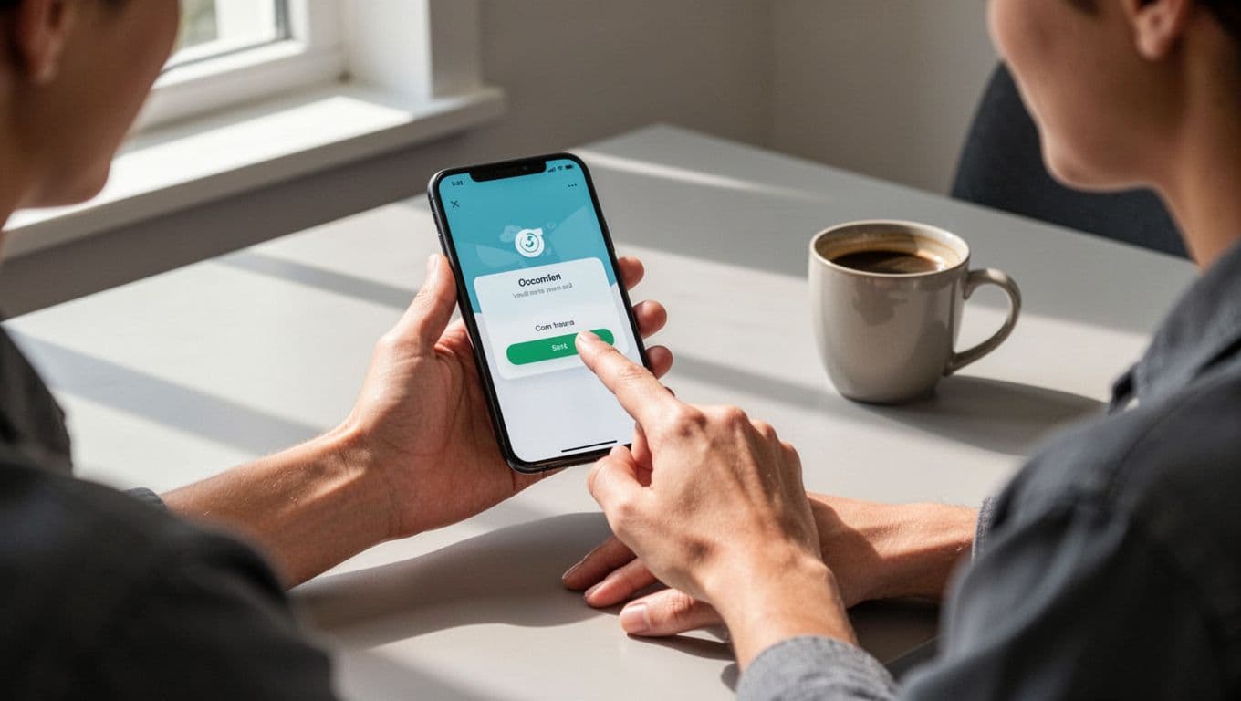 Person holds smartphone showing transfer confirmation to Colombia on clean desk with coffee mug nearby.