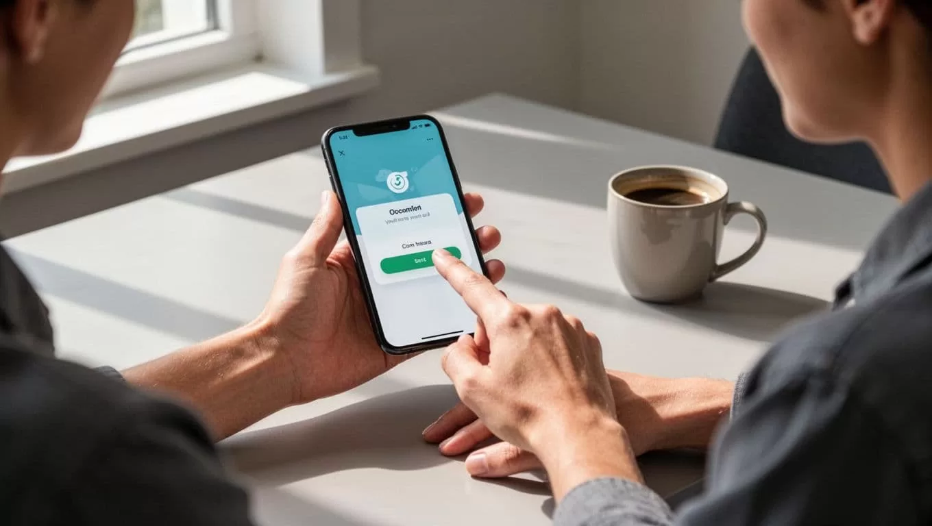 Person holds smartphone showing transfer confirmation to Colombia on clean desk with coffee mug nearby.