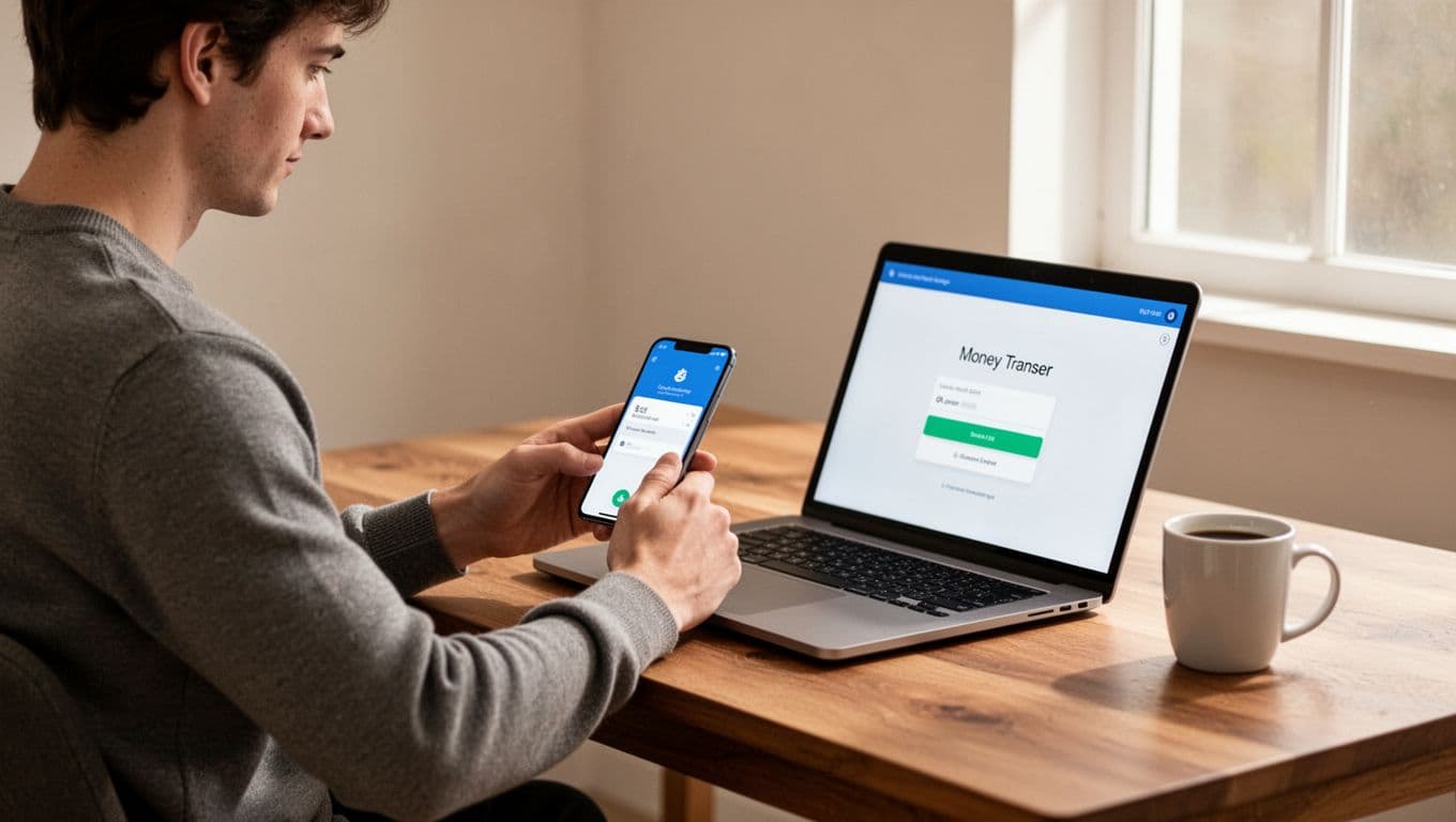 Person at wooden desk uses smartphone app for money transfer to Colombia, laptop shows angled confirmation screen, coffee mug nearby.