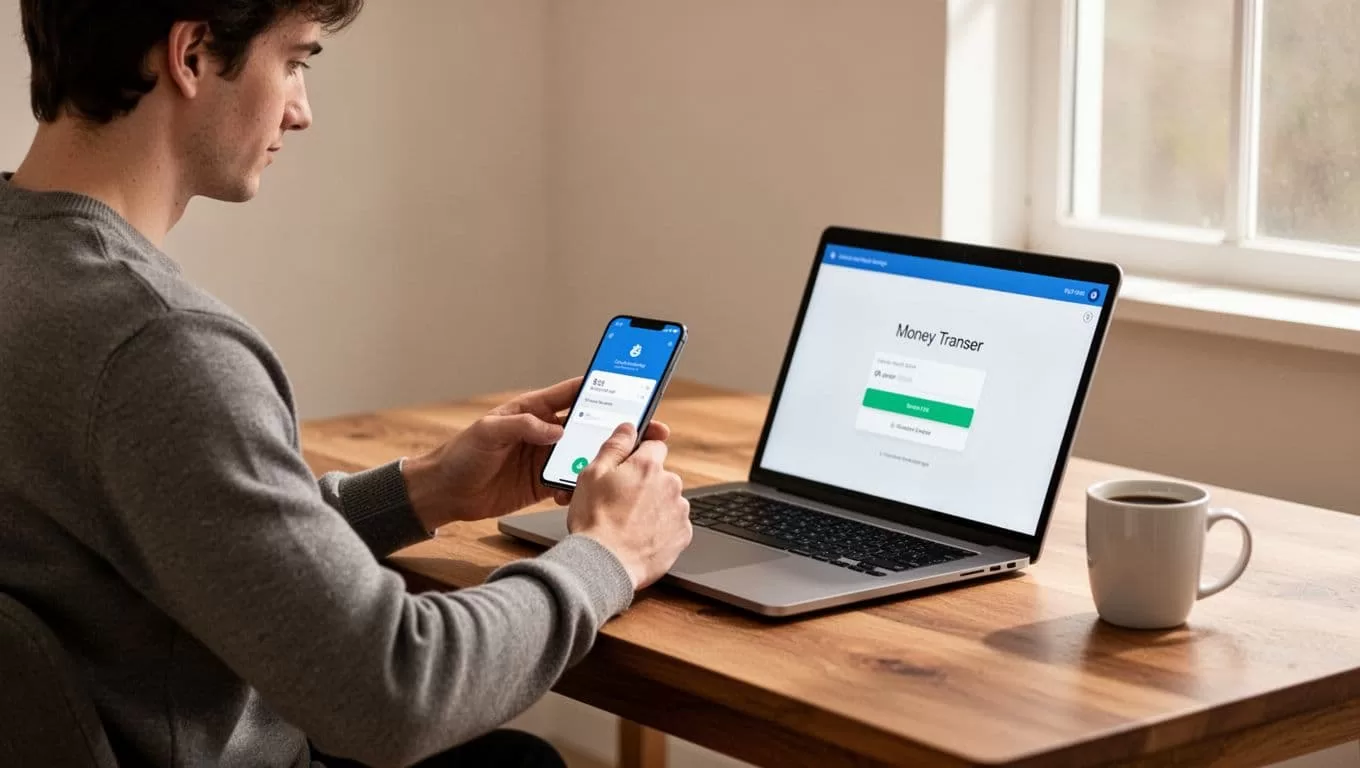 Person at wooden desk uses smartphone app for money transfer to Colombia, laptop shows angled confirmation screen, coffee mug nearby.