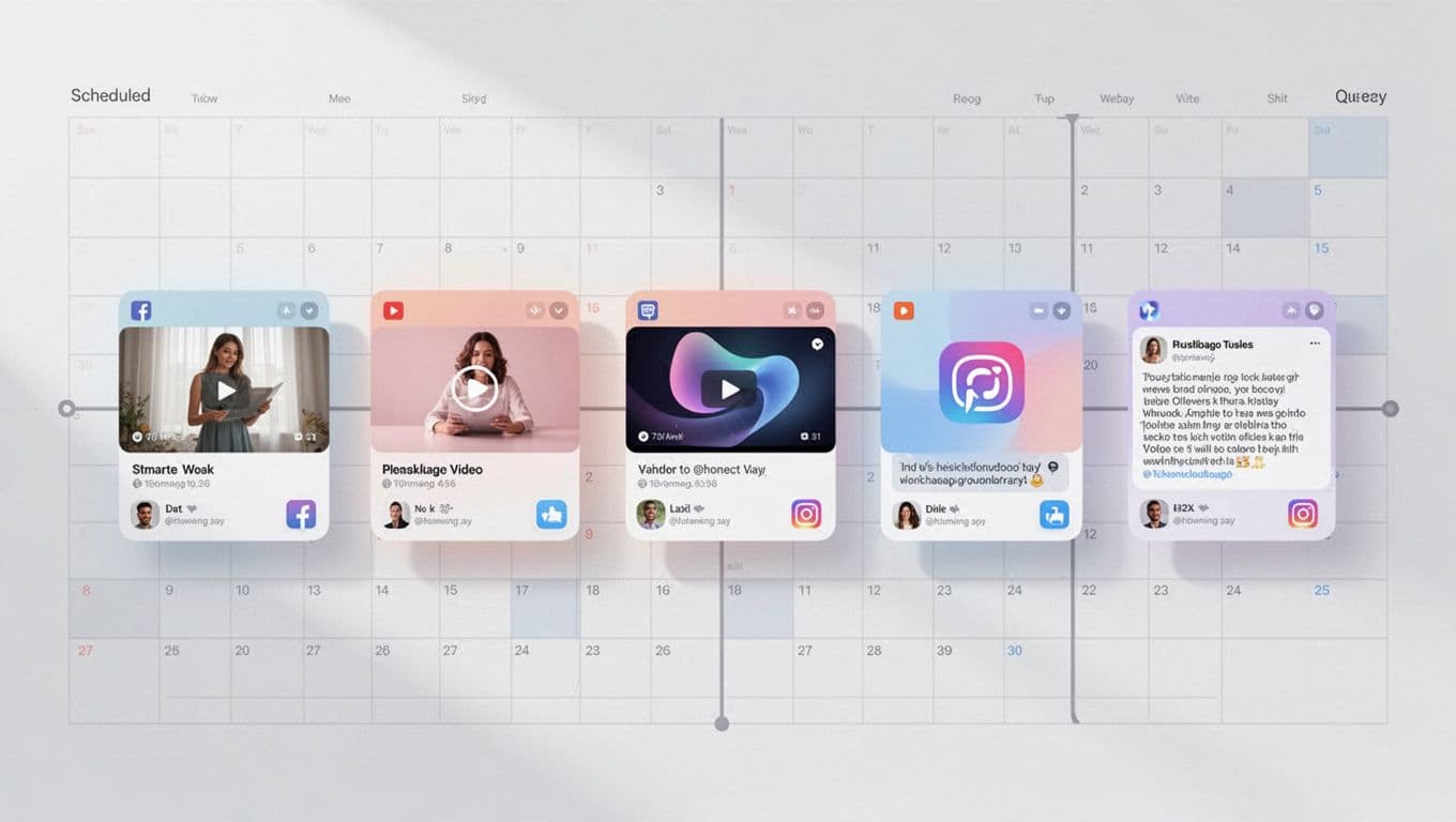 Clean illustration of diverse posts—image, video, thread, text—arranged in a timeline queue with calendar view and subtle platform icons.