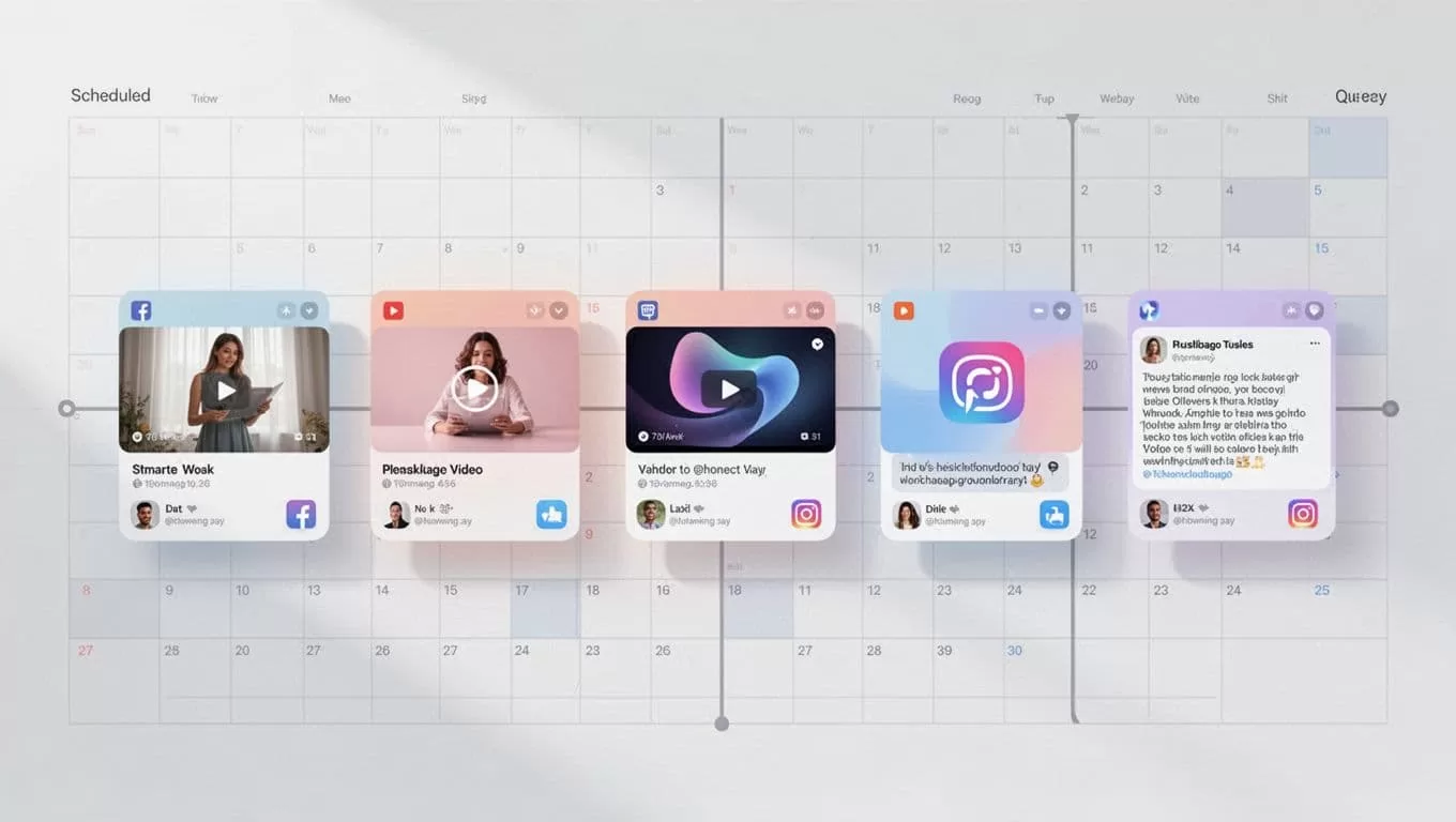 Clean illustration of diverse posts—image, video, thread, text—arranged in a timeline queue with calendar view and subtle platform icons.