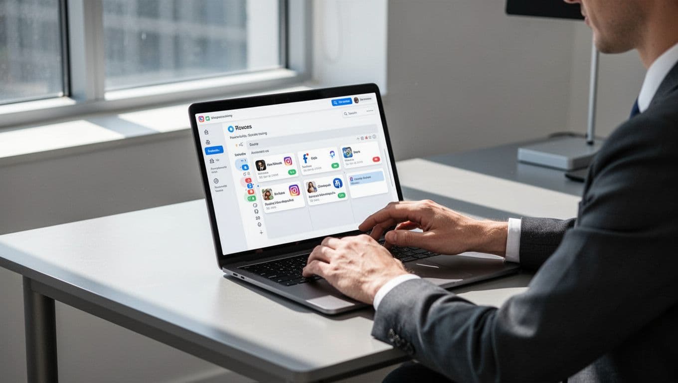 A person at a desk uses a laptop open to a social media dashboard with a calendar scheduling posts across platforms.