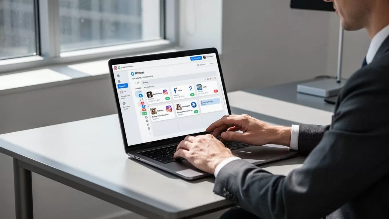 A person at a desk uses a laptop open to a social media dashboard with a calendar scheduling posts across platforms.
