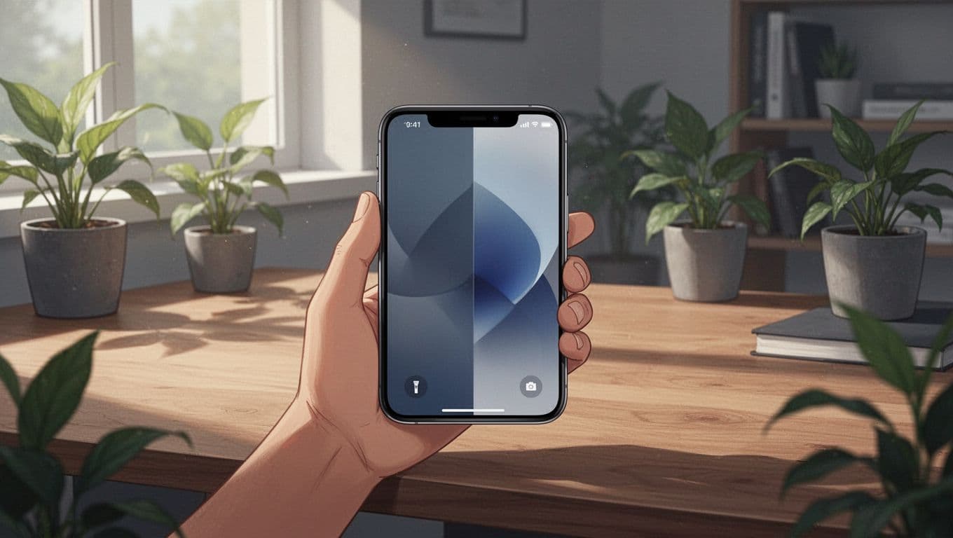 Hand holds phone on desk showing split screen: left locked webpage with barrier, right unlocked content, cozy office background.