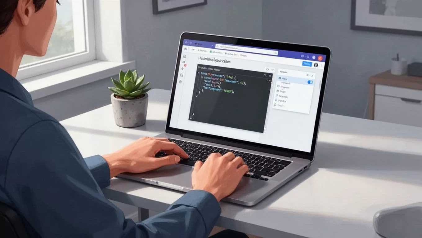 Open laptop on desk shows Squarespace dashboard with Code Injection panel and MemberSpace code snippet, hands on keyboard in home office with plant.