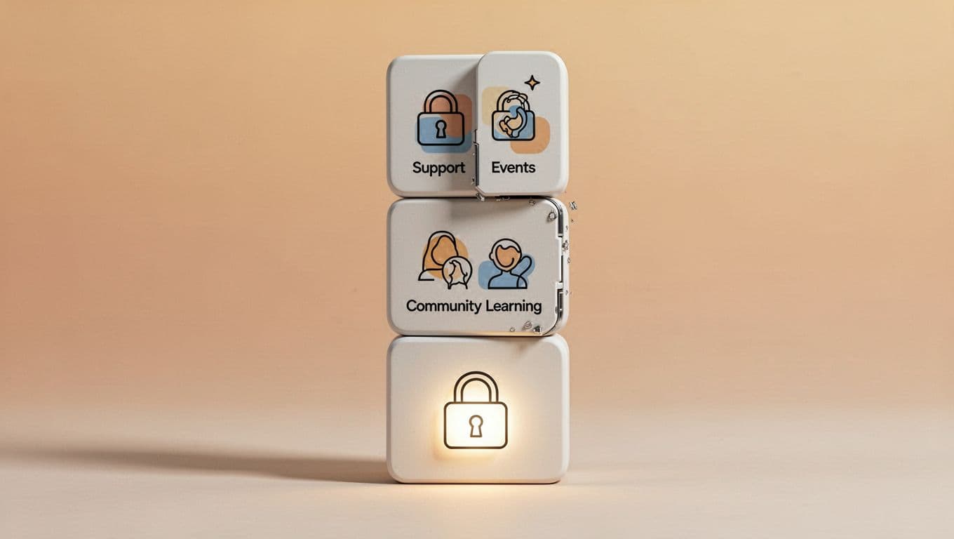 Three colorful blocks stacked vertically show pricing tiers with basic, community-course, and support-event icons, locks on upper tiers, gradient background.