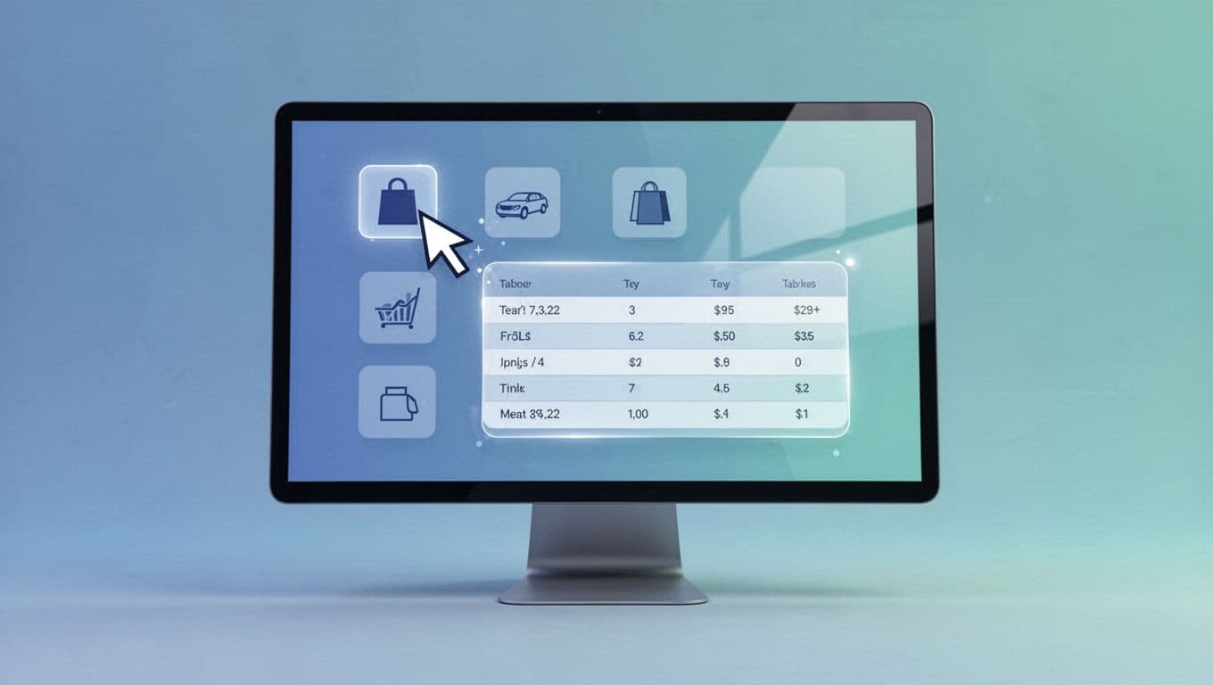 Computer screen shows pointer selecting product page data points transforming into table rows.