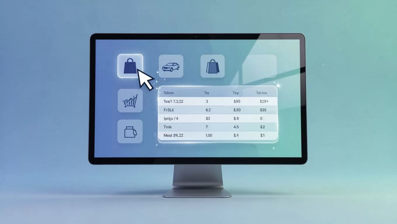 Computer screen shows pointer selecting product page data points transforming into table rows.