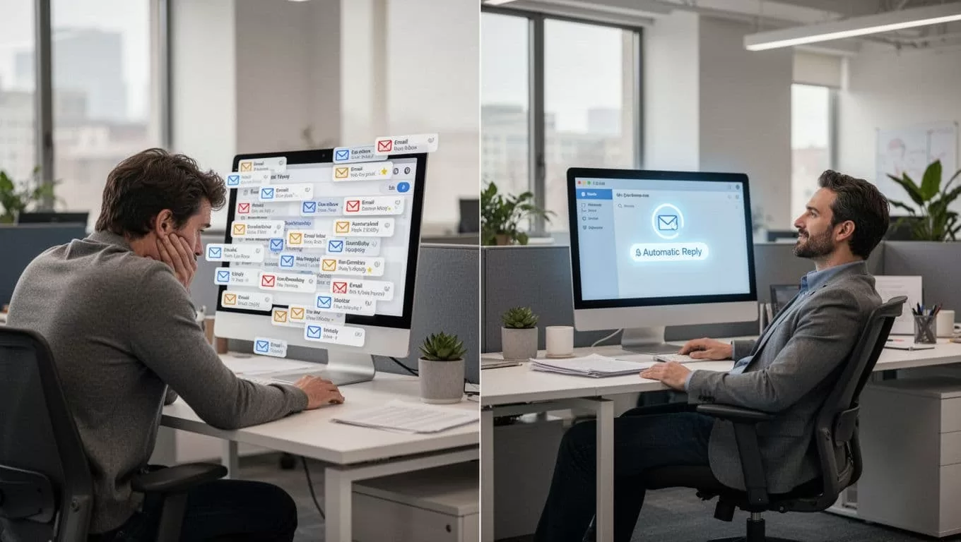 Split office scene shows stressed person with overflowing inbox opposite calm person with tidy inbox and active auto reply.