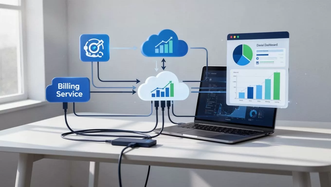 Data cables connect Stripe billing icons to Baremetrics dashboard icons with flow arrows, on a desk with laptop background.