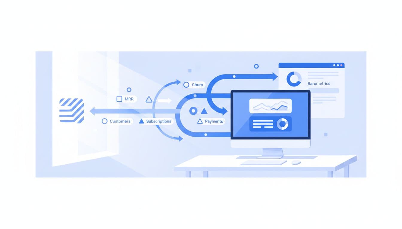 Blue-white illustration of data arrows flowing from abstract Stripe icon left to Baremetrics dashboard on desk monitor with metric icons.