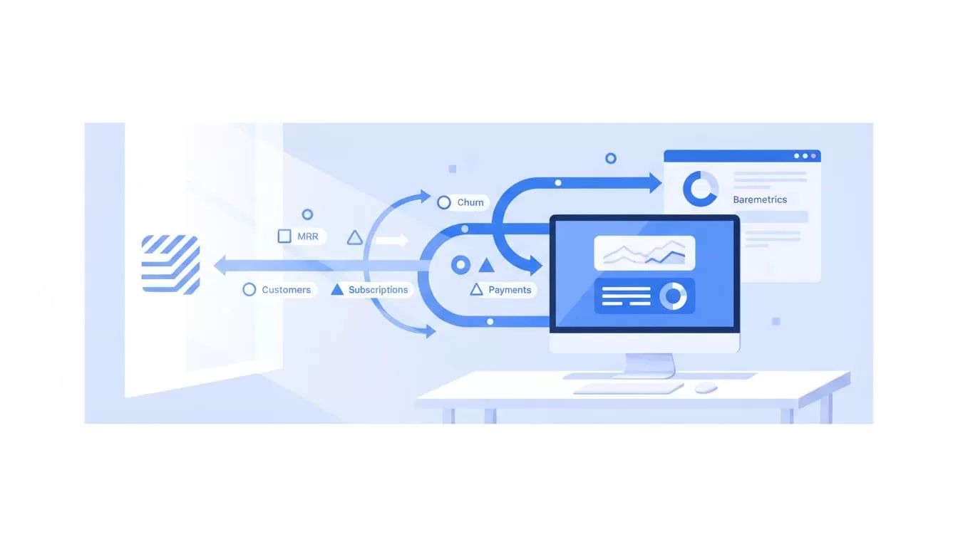 Blue-white illustration of data arrows flowing from abstract Stripe icon left to Baremetrics dashboard on desk monitor with metric icons.