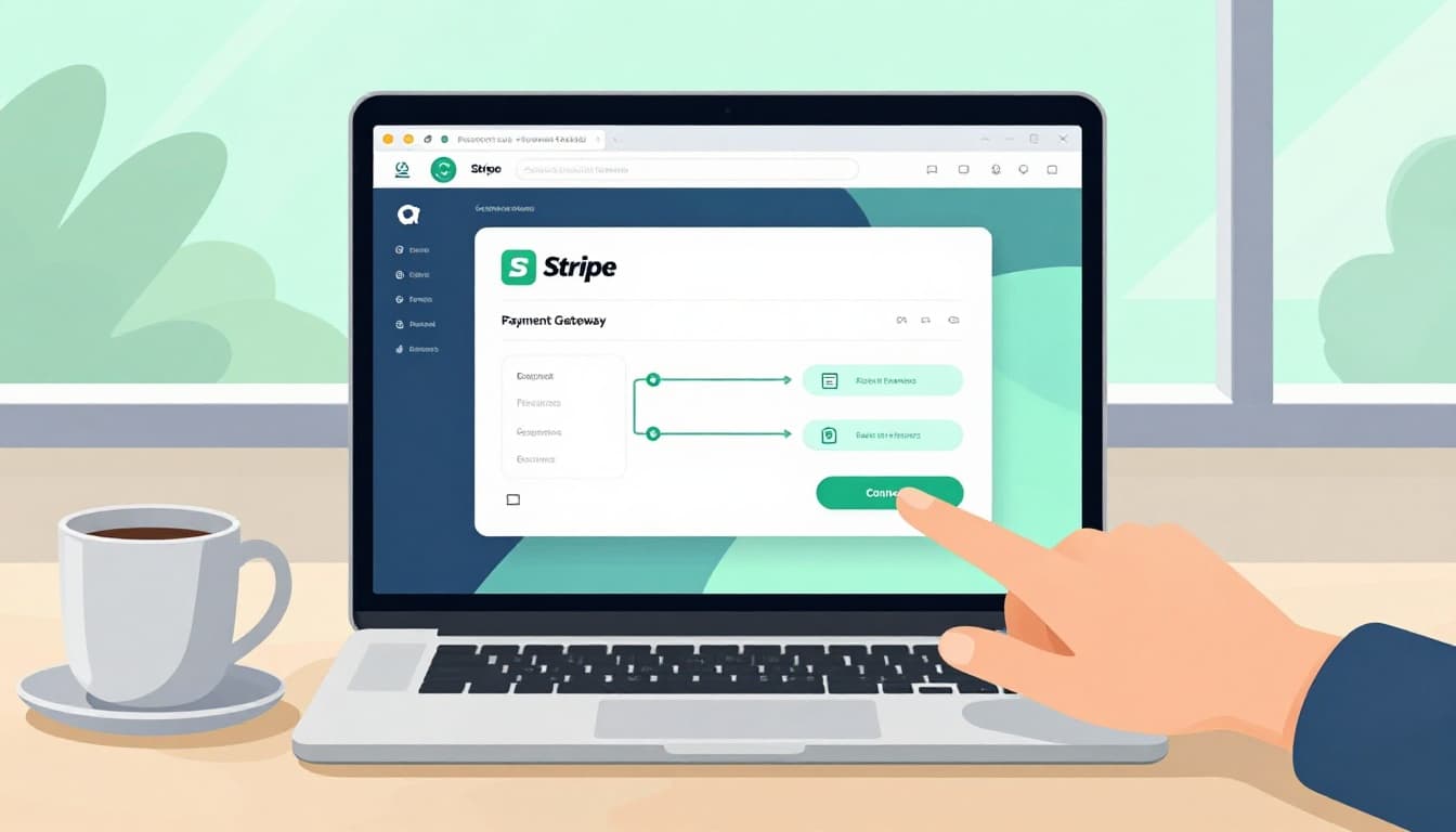 Laptop on desk shows Stripe and Baremetrics icons linked by arrow, hand hovers connect button, coffee mug nearby.
