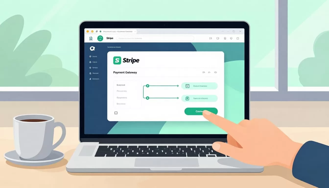 Laptop on desk shows Stripe and Baremetrics icons linked by arrow, hand hovers connect button, coffee mug nearby.
