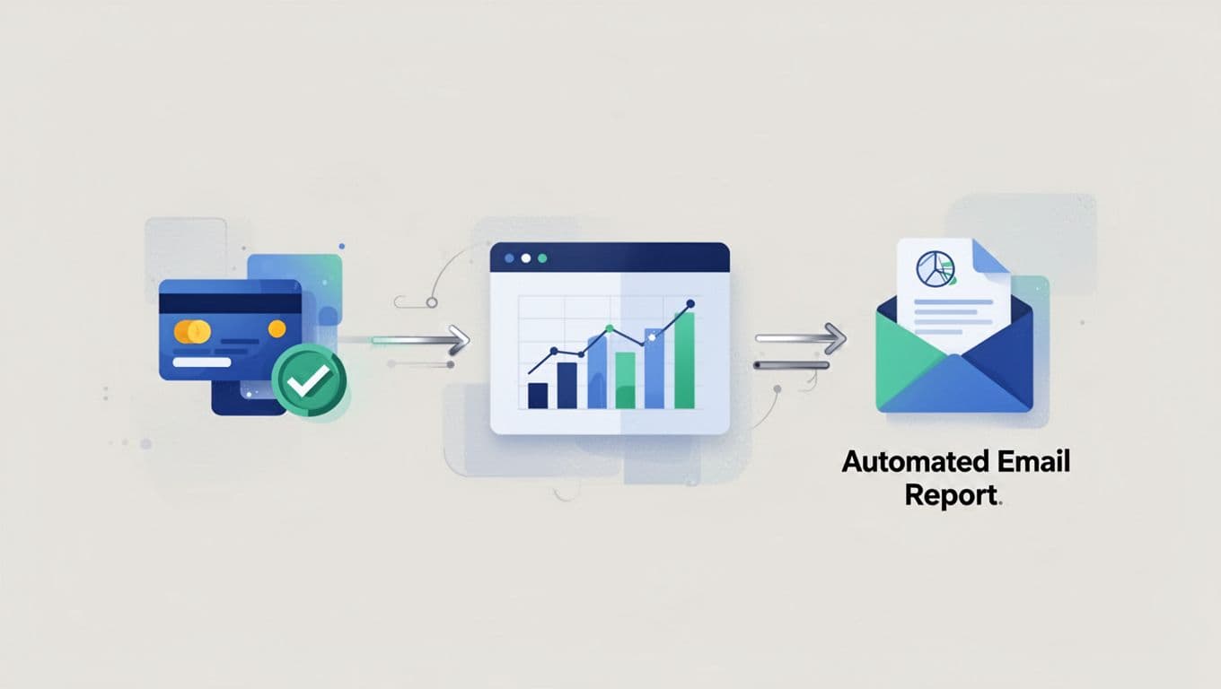 Three icons connected by arrows show Stripe billing data flowing to Baremetrics dashboard then to automated email report on neutral background.