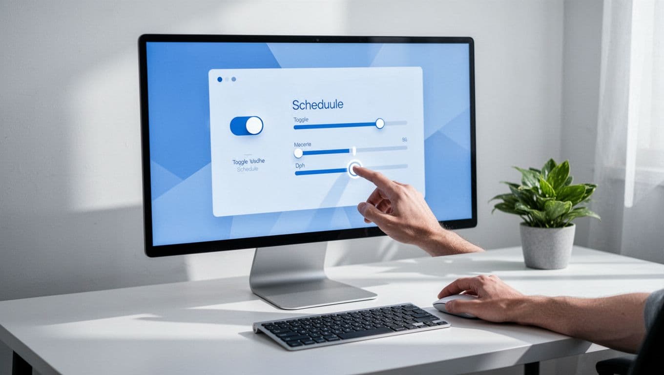 Desktop screen on office desk shows Stripe retries section with toggle and schedule options, keyboard, plant, hand over mouse.