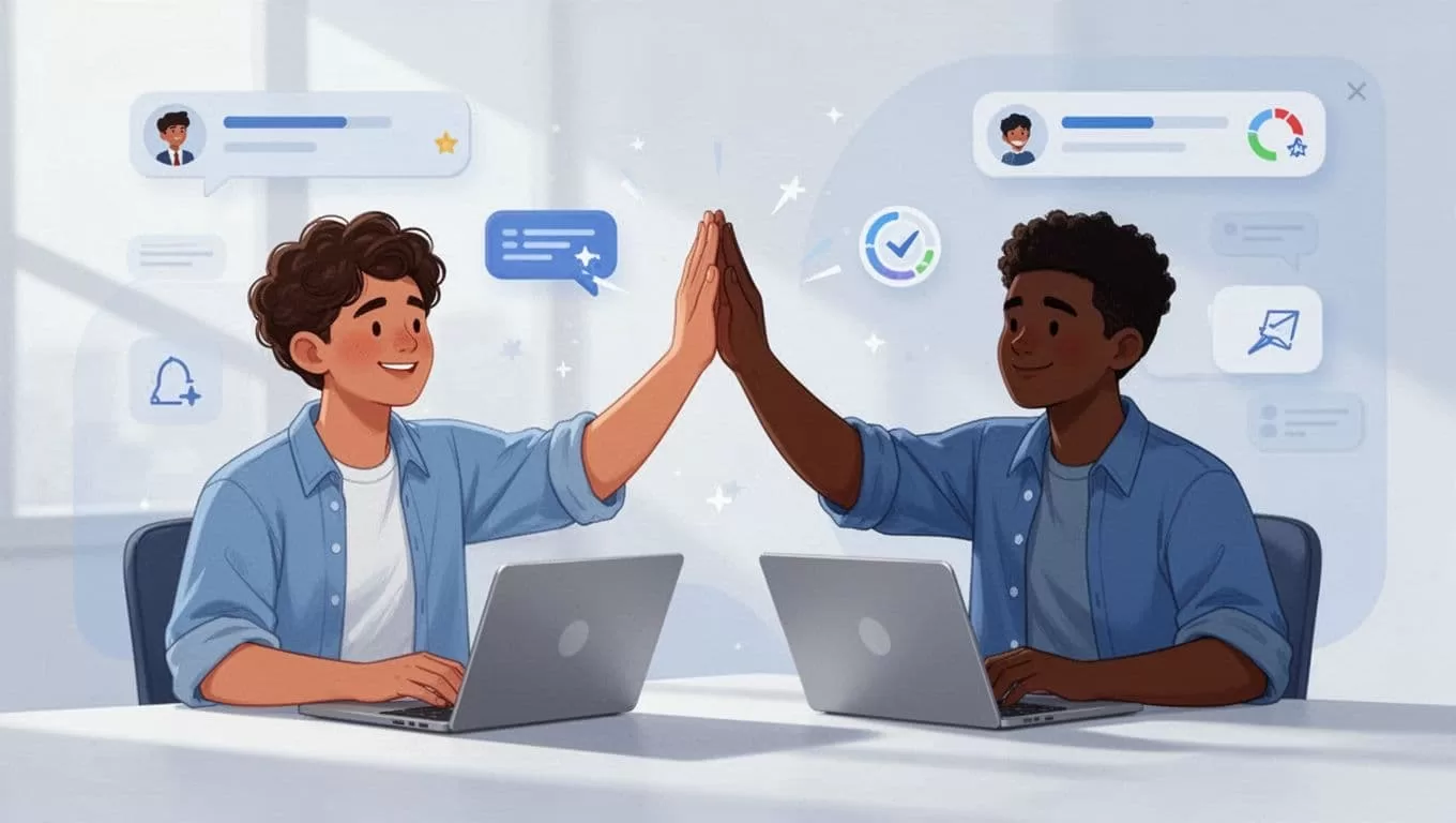 Three diverse students high-five over laptops in a virtual space with blurred chat bubbles and badges.
