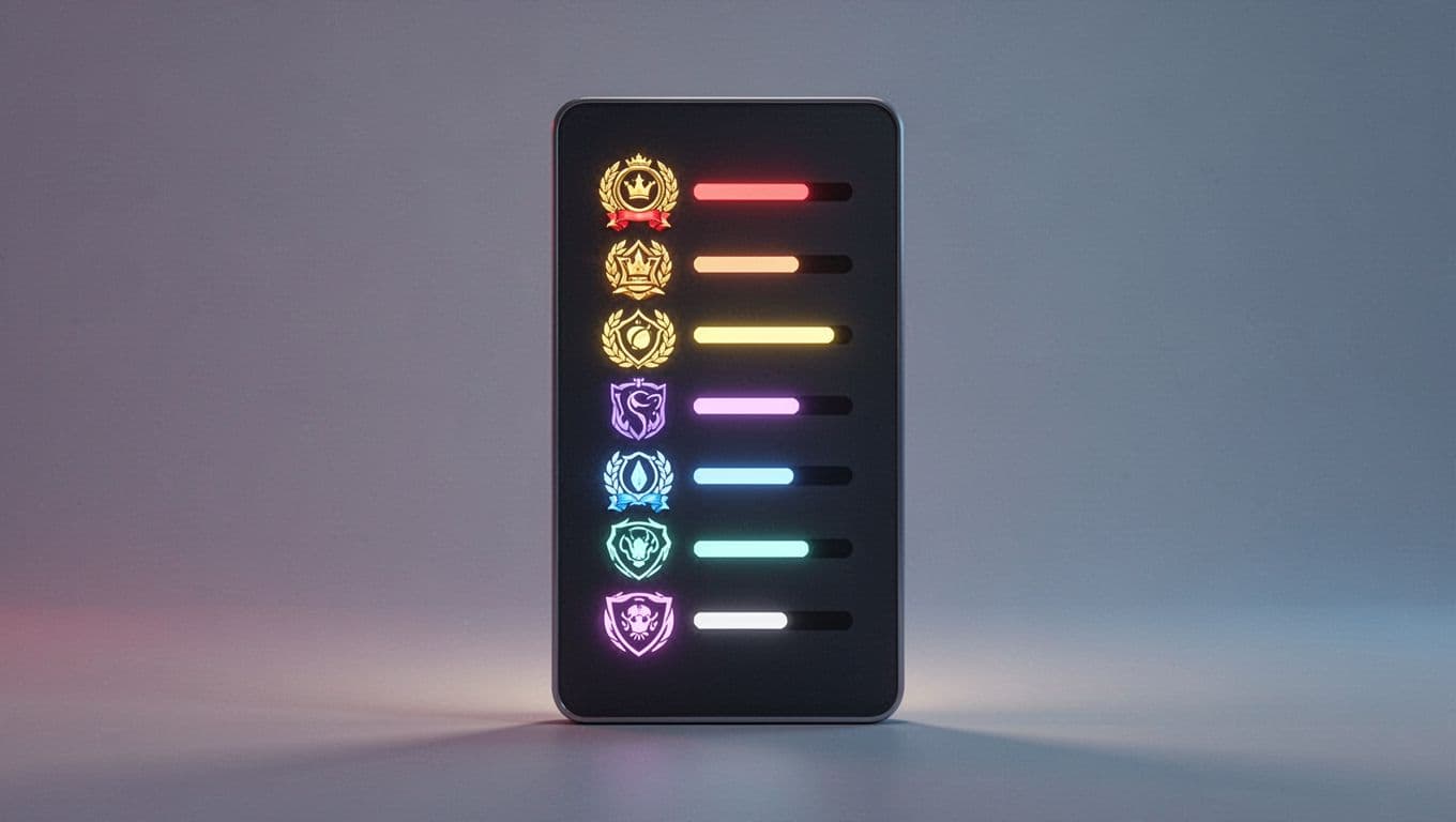 Colorful digital display shows stylized leaderboard with rank icons and progress bars.
