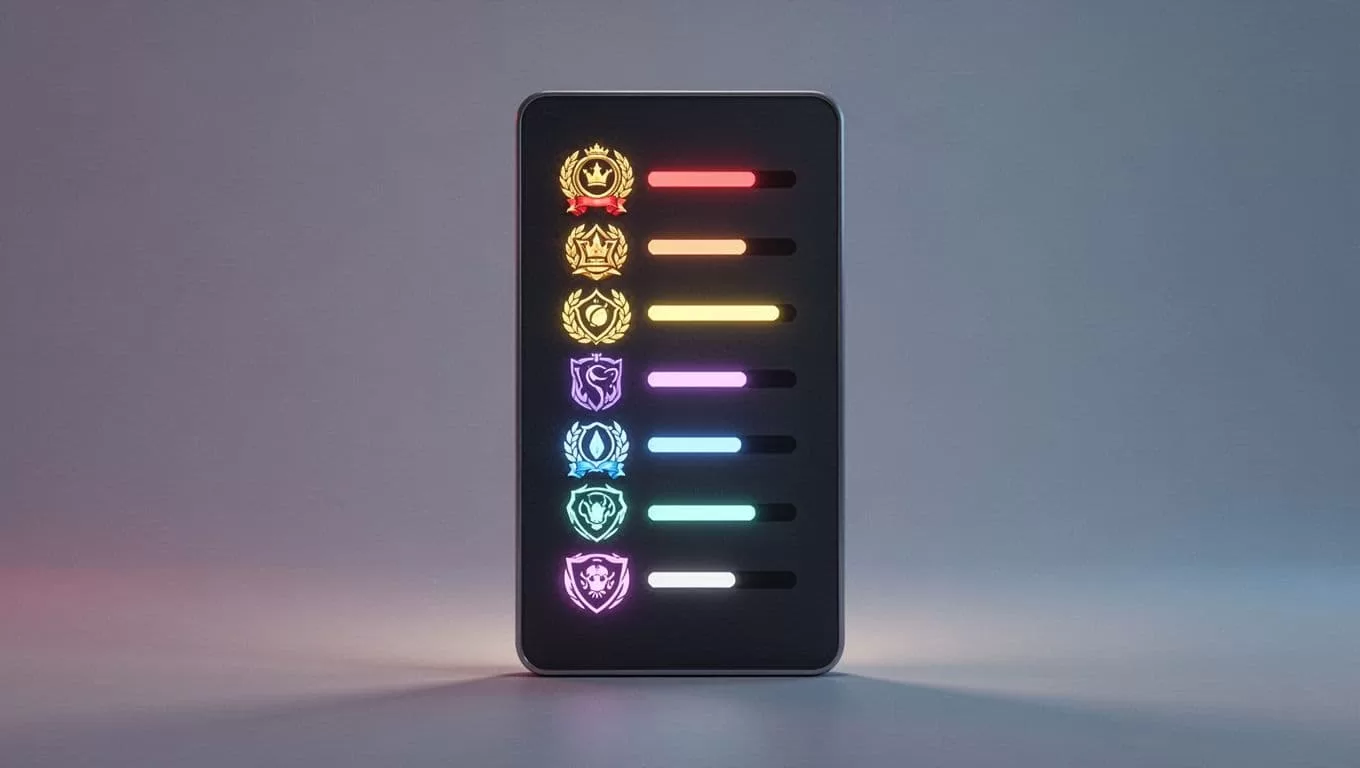 Colorful digital display shows stylized leaderboard with rank icons and progress bars.