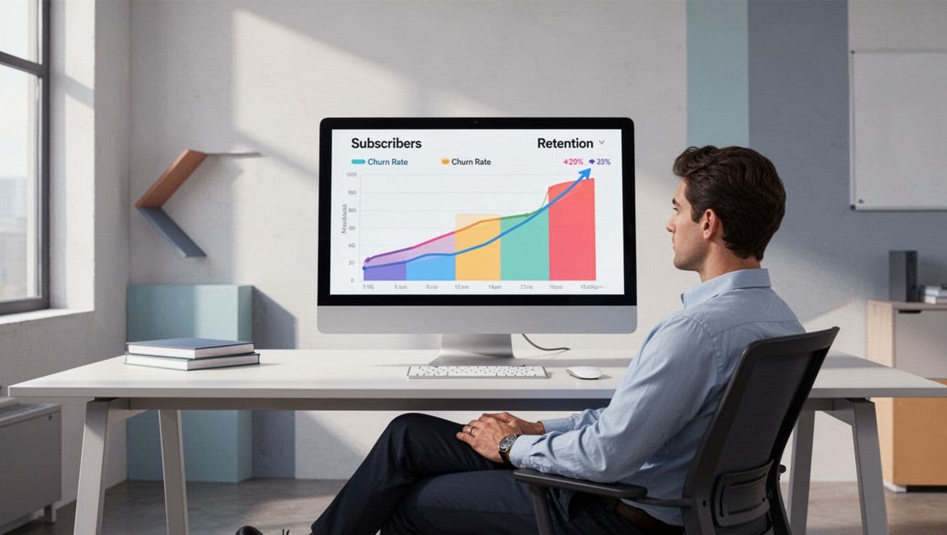Analyst relaxed at desk views computer screen with subscriber growth chart, churn rate, and retention metrics.