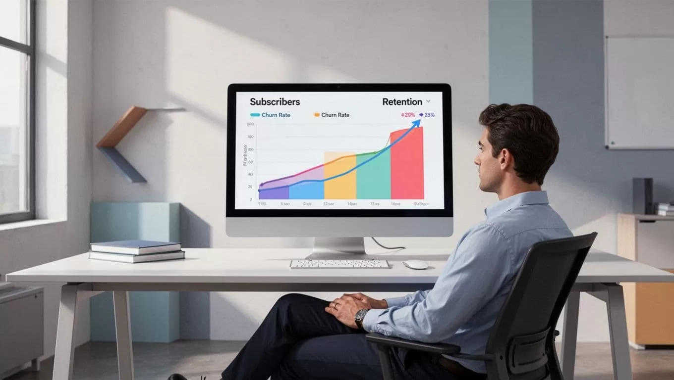 Analyst relaxed at desk views computer screen with subscriber growth chart, churn rate, and retention metrics.
