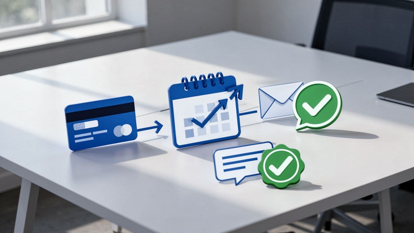 Simple table displays icons of credit card success, calendar renewal, email notification, and green checkmark in blue-white palette.