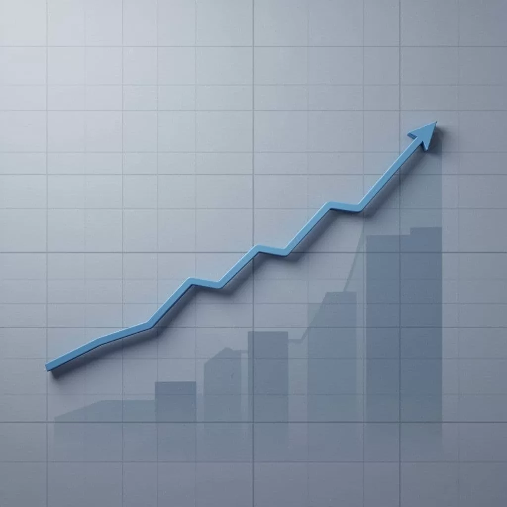 A clean line graph rises steadily across a subtle grid background in blue and gray tones.