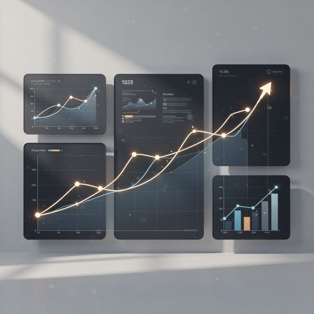 A minimalist dashboard interface displays upward trending charts and data points representing business performance.